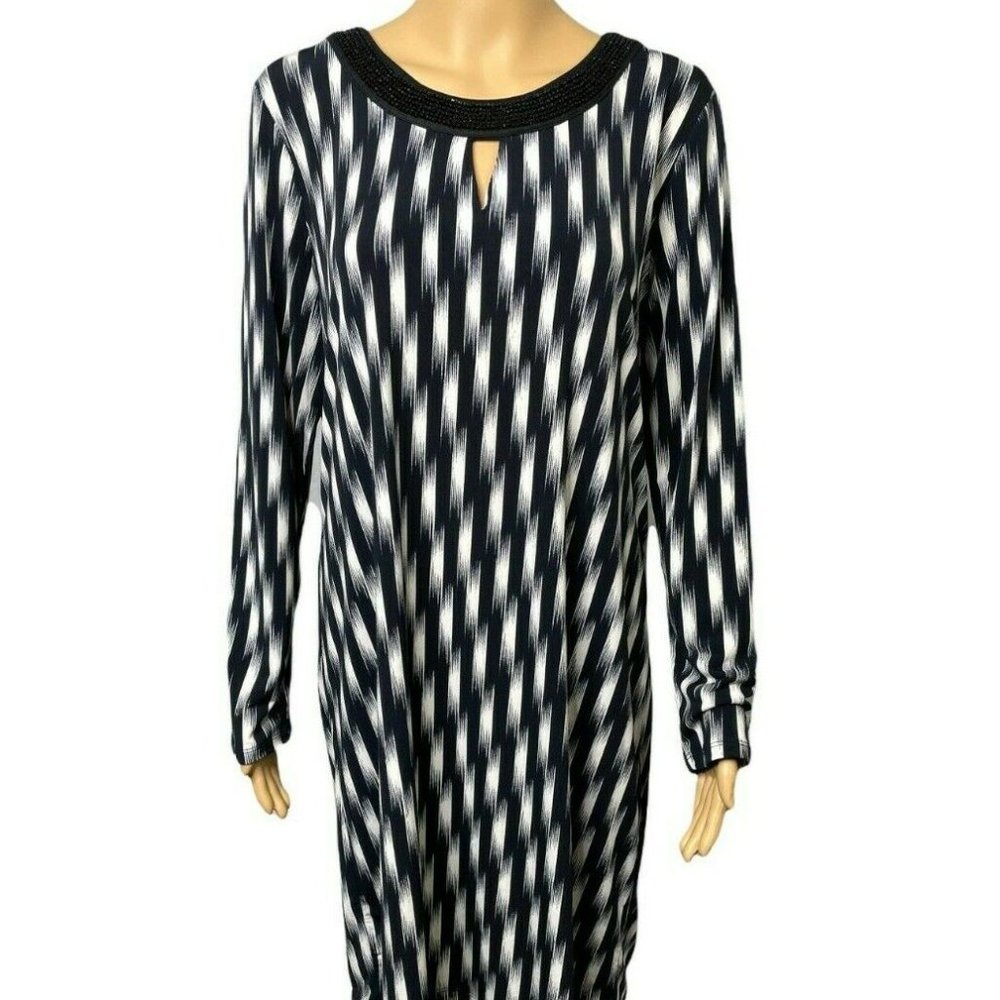 Tradition Black & White Design Knee Length Long Sleeve Dress Womens 14